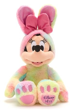 Disney Store Official, Minnie Mouse, Peluche Pascua, 45 cm, Juguete con Traje Tie-Dye de Conejo de Pascua y Lazo Rosa, Fecha ''Disney 2025'' en el pie, para recién Nacidos, Apto para Todas Las Edades