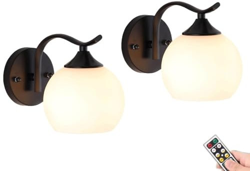 Juego de 2 apliques de pared regulables a batería, luces de pared sin cableado con bombilla recargable por USB y control remoto, luces de pared que funcionan con batería para baño, tocador, dormitor