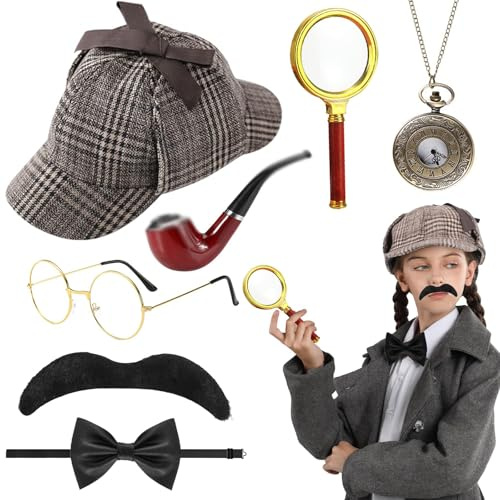 Set di 7 accessori per costume da detective, accessori da detective con cappello, occhiali a bocca lunga, con barba, orologio da tasca, mirino detective, cosplay, accessori di scena per carnevale,