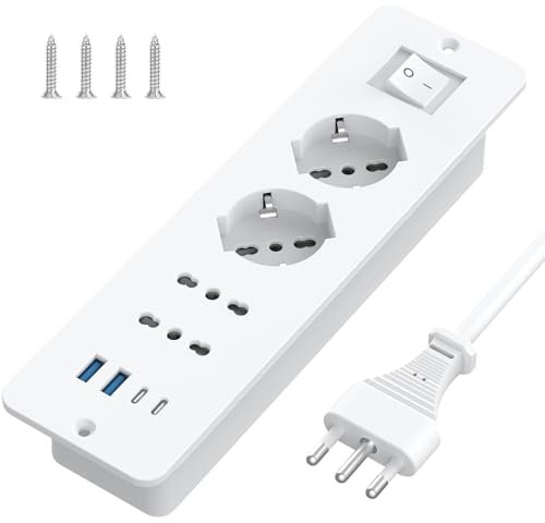 Aochxin Presa Angolare Multipresa Elettrica con 2 USB-A, 2 USB-C e 4 Prese, Ciabatta con Interruttore e Protezione Sovratensione, Cavo 2m, Presa Multipla per Mobili o Superfici di Lavoro (Bianco)