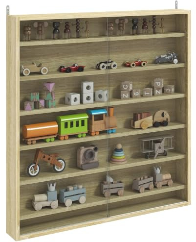 HOMCOM 7-Tier Wall Mounted Display Cabinet Glass Doors 80x83cm Oak | Display Case, 6 Adjustable Shelves, for Home Office Ornaments