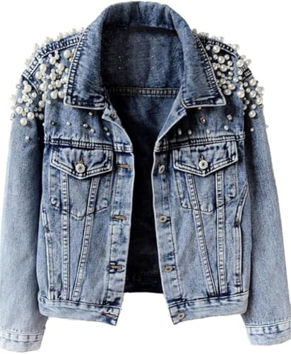 Damen Jeansjacke Bestickte Niete Perle Kurze Jeansjacke Mantel