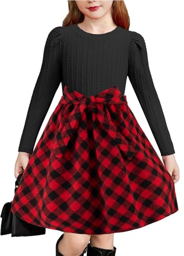 Arshiner Vestito a Maniche Lunghe a Sbuffo, Maglia a Coste, Patchwork a Quadri, Vestito da Principessa per Le Feste, Vestitos Autunnali e Invernali con Tasche per Ragazza dai 4 ai 14 Anni | Abito da bambina in maglia a costine a sbuffo, a maniche lunghe, patchwork, con cintura, con tasche, 5-14 anni