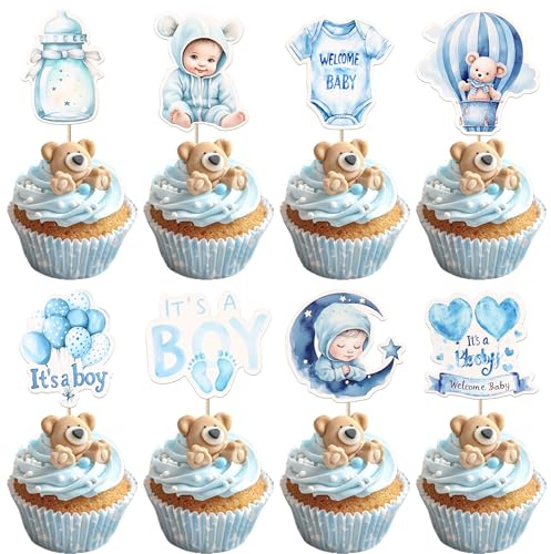 40 Stück Baby Dusche Tortendeko Welcome Baby Cupcake Toppers It's a Boy Kuchen Deko Bären Flaschen Cupcake Dekorationen für Geschlecht Enthüllt Thema Party Kuchen Dekorationen Blau