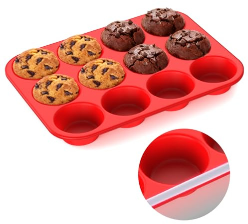 Silicone Muffin Pan for Baking: 12 Cup Muffin Pan with Metal Reinforced Frame, Regular Size Cupcake Egg Bites Molds for Baking, BPA Free Silicone Muffin Tray, Dishwasher Safe (1 Pack, Red)