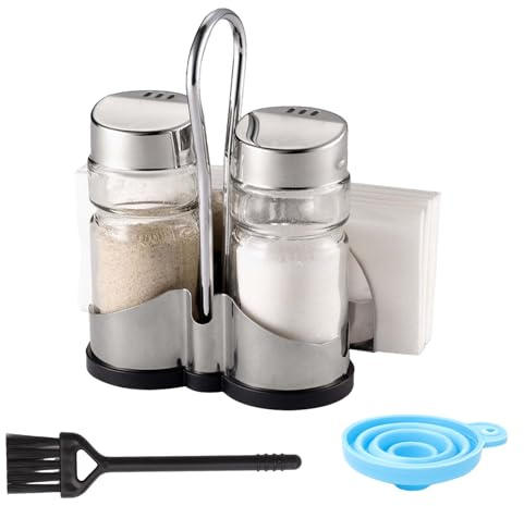 WRENYZK 3-in-1-Salz- und Pfefferstreuer-Set mit Edelstahlhalter und Serviettenhalter, Menage-Set, modern und funktional, mit Reinigungsbürstentrichter, Salz-Pfeffer-Töpfe für Restaurants, Haushalt
