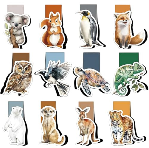 AMFUN 12PCS Marque-Pages Magnétiques avec Motifs Animaux, Clips Marque-Page Magnétiques Thème Animaux, Cadeau Anniversaire pour Amoureux des Lecture