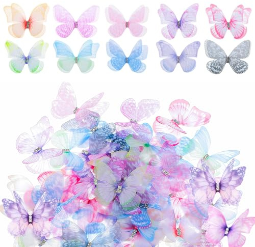 Juadnic 180 Stück Halbtransparente Organza-Chiffon-Schmetterlinge, Geeignet Für DIY-Dekorationen, Scrapbooking, Gepäck-, Wand- Und Fenster-Dekorationen.
