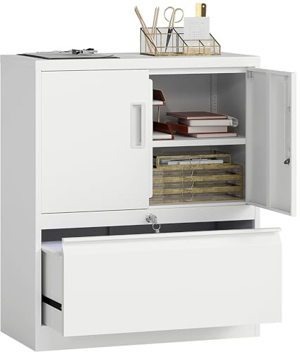 HOMCOM Aktenschrank Büroschrank Abschließbar mit Schublade 2 Türen Weiß