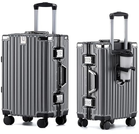 yuweijie Alu-Rahmen Groß Koffer mit 4 Rollen · Hartschalen in 100% PC mit Getränkehalter · Reisekoffer TSA Schloss · Trolley für Geschäftsreisen · Grau · L-73cm