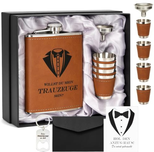 Flachmann mit Gravur 8oz Edelstahl Geschenkset für Trauzeuge und Trauzeugin, Schwarze Geschenkbox mit 4 Bechern und Trichter, Personalisiertes Hochzeitsgeschenk für Männer und Frauen (Braun)