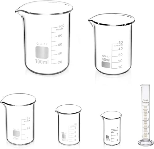 6 Pcs Graduated Borosilicate Glass Beaker, Graduated Cylinder | 5ml 10ml 25ml 50ml 100ml Set for Scientific Experiments & Education