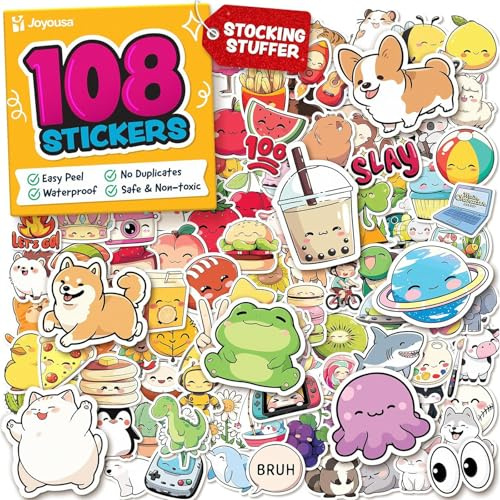 EDLMKM 108 Pcs Kawaii Water Bottle Stickers for Kids & Teens, Cute Animal Stickers, Scrapbook Sticker, Waterproof Vinyl Sticker, for Laptop, Phone, Water Bottle, Skateboard, Guitar
