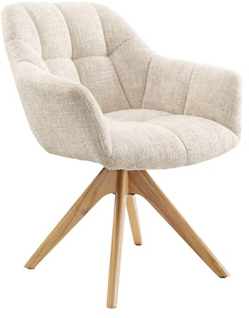 Stuhl PAPILLON - 65cm - champagner - Chenille-Bezug Holz-Beine drehbar | Auto-Return-Funktion, Armlehne, Ziersteppung, hoher Komfort, langlebig, stabil, Esszimmerstuhl