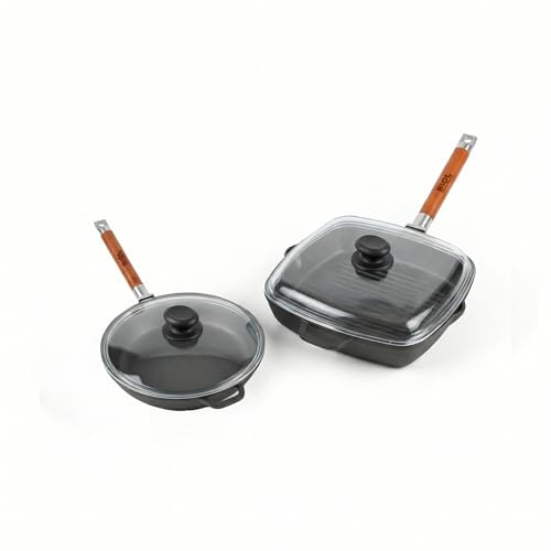 BIOL Lot de poêles en fonte avec poêle à griller – Rondes et carrées – Avec poignées en bois amovibles (parent) (Poêle 24 cm + Grill 26 cm avec couvercles)