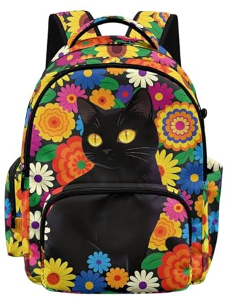 Biyejit Cat Hippie Floral Girls Lightweight Backpack Large School Bag with Multiple Pockets for Childrens Kids Hiking Picnic Outings