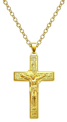 cotigo Collar Cruz Hombre Mujer Acero Inoxidable, Cadena 40+5 cm, Colgante Cruz Religioso Cristiana Católica, Crucifijo Unisex, Regalo Espiritual con Pulsera Roja (Dorado 4)