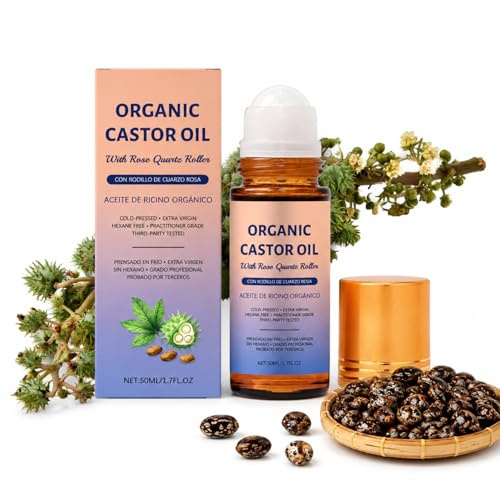 Bio Rizinusöl Rosenquarz Roller, Organic Castor Oil Roll On with Rose Quartz Roller, 100% biologisches Bio-Rizinusöl für Haut, Gesicht, Körper, Haare, Wimpern und Augenbrauen (1 Flasche)