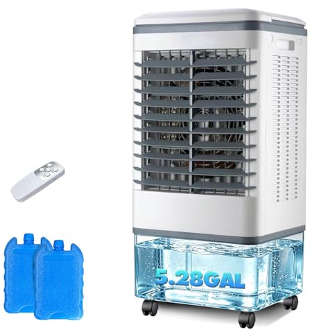 Climatizador Evaporativo 20L, 2000 m³/h Gran Caudal de Aire, 3 Velocidades y Oscilación, Temporizador 7.5H, con Mando a Distancia y 2 Bloques de Hielo para Salones Amplios, Jardines y Terrazas