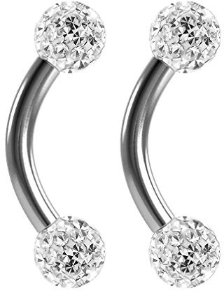2 x 1.2mm Acier Chirurgical Cristal CZ Piercing Barre Courbe Barbell Curved Sourcil 6mm
