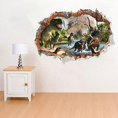 ufengke Dinosaurier im Der Fluss Wandaufkleber 3D Spiegel Ansicht Durchbrechen die Mauer Vinyl Wandsticker Entfernbarer DIY Vinyl Wandtattoo für Wohnzimmer, Schlafzimmer,Kinderzimmer