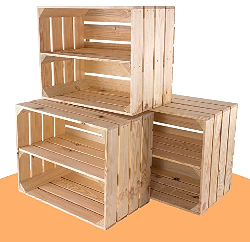 Caja de fruta natural con estante intermedio, 50 cm x 40 cm x 30 cm, cajas de vino naturales, sin tratar, caja de madera, como estante de pared, cajas decorativas estables para pasillo/salón
