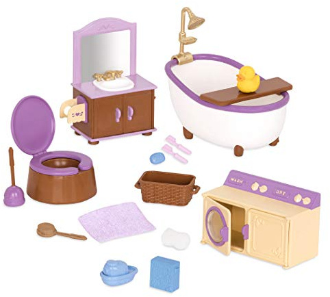 Li’l Woodzeez Badezimmer- und Wäscheset – Möbelset für Figuren | 16-teiliges Möbelset mit Badewanne, Waschbecken, Toilette, Waschmaschine-Trockner-Kombination und Zubehör, 3+ Jahre