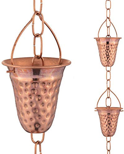 Marrgon Kupfer-Regenkette, gehämmert, dekorative Glockenspiele und Becher, ersetzen Dachrinnen-Fallrohr und leiten Wasser von zu Hause weg für atemberaubende Brunnen-Ausstellung – 91 cm lang für
