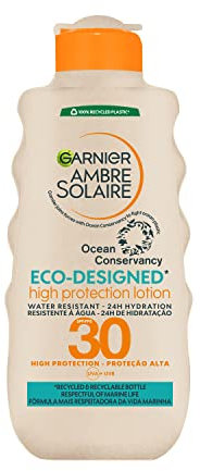 Garnier Ambre Solaire Eco Design Sun Protection Sun Cream Lotion SPF30, High Sun Protection Factor 30, Water Resistant & Non Sticky Sunscreen, UVA & UVB Protection, Recycled & Recyclable Bottle, 200ml