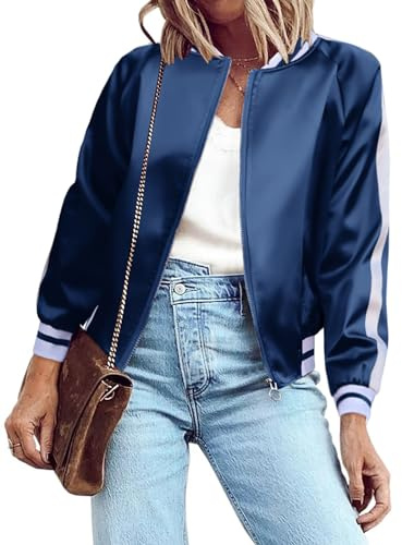 Zeagoo Ladies Bomber Jacket Stripe Satin Letterman Jacket Cropped Biker Jacket Navy Blue X-Large