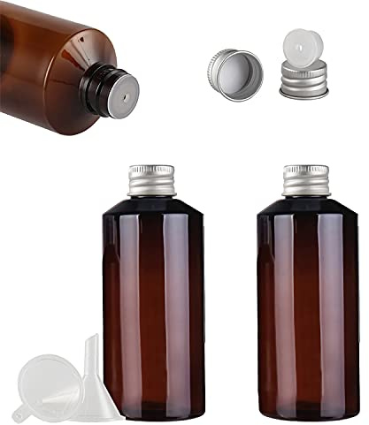 TIANZD 3 Pièces 200ml Vides Marron Bouteilles en Plastique D'huile Essentielle avec Bouchon Scellé à Vis en Aluminium Argent, Réducteur d'orifice apour Huiles Essentielles Aromathérapie Cosmétique