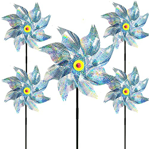 MUUGIY 5PCS Reflective Bird Repellent Windmill, Reflective Birds Deterrent, Repellent Windmills Scare Birds Wind Energy,Protect Garden Crop Fruit Flower, Keep Birds Away for Garden