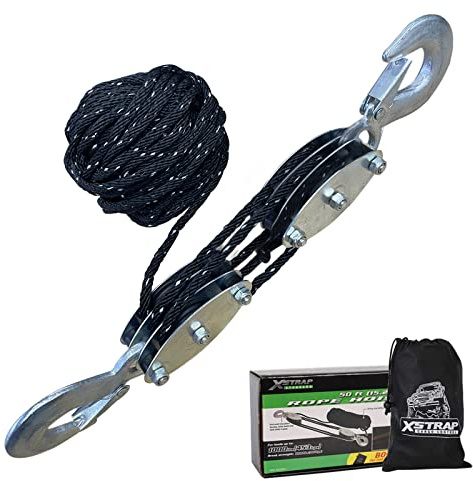 XSTRAP STANDARD Heavy-Duty 2,000 LB Breaking Strength 50 FT Reflective Rope Hoist, 1000 LB Work Load Block and Tackle Pulley System for Lifting Heavy Objects (Black with Reflective Strips)