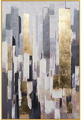 Olio Su Tela,Edificio Creativo Della Città Paesaggio Abbellimento Lamina D'Oro Verticale Grandi Dipinti Ad Olio Arte Moderna Opera D'Arte Astratta Quadri Su Tela Wall Art Soggiorno Camera Da Letto
