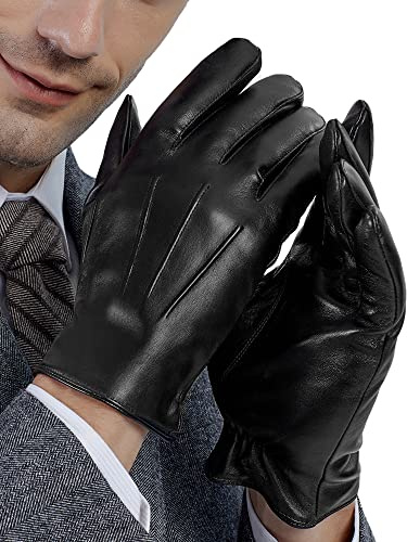 GSG SINCE 1998 Herren Lederhandschuhe Winter mit Touchscreen - Thermo-Handschuhe aus weichem Lammleder, warm gefüttert mit Wolle Schwarz S