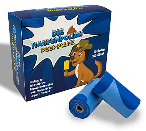 Die Haufenpolizei - Hundekotbeutel biologisch abbaubar - 300 Stück Hundebeutel aus Maisstärke - Eco Dog Poop Bags - Blickdichte Gassibeutel inkl. Vorratsbox