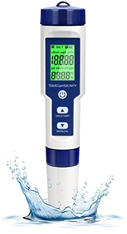 Cuteefun Digitales PH Messgerät, 5-in-1 Wassertester Mit Hintergrundbeleuchtung, PH/TDS/EC/Salzgehalt/Temp Meter Mit ATC, 0.01 Auflösung, Hochpräziser Stifttyp Tester, für Trinkwasser, Aquarium, Spas