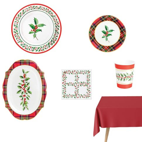 MAXI PRODUCTS - Kit 12 Personas - Decoración Navidad Acebo - Pack 73 uds - Temática Navideña - Vajillas Completas Navidad - Diseño Único