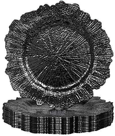 MAONAME 13 Black Charger Plates, Round Reef Chargers for Dinner Plates, Plastic Plate Chargers for Table Setting, Wedding Decor, Set of 12