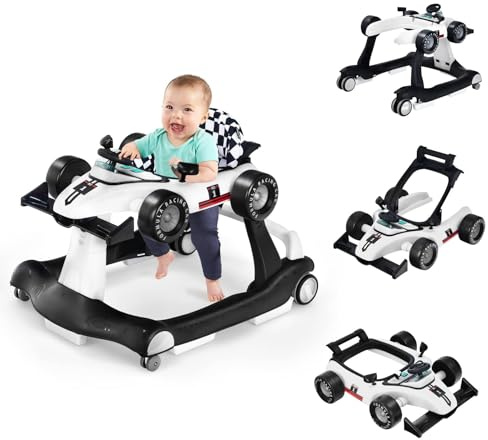COSTWAY Trotteur Bébé Garçon Pliable 4 en 1 avec 3 Hauteur Réglable, Trotteur Marche Bébé Garçon Évolutif avec Musique & Lumière, Roues Silencieuses, 5 Patins Antidérapants pour 6-18 Mois(Blanc)