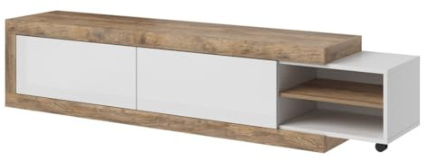 PRICE FACTORY just for you Meuble TV Extensible Sinatra – Chêne et Blanc Brillant – 2 Portes + niches – L200 à 240 x H43,4 x P40 cm