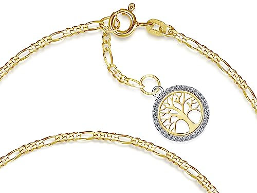 Fußkette Figaro Breite 2mm mit kleinem Anhänger Lebensbaum | aus echt 585 Gold | hochglanzpolierte Fußkette | Echtgold mit Federringverschluß