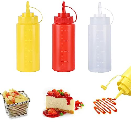 Bouteilles à presser en plastique 3 couleurs de 473,6 g, bouteilles à presser pour condiments, bouteilles à gicler polyvalentes pour ketchup, huile, confiture, sauce barbecue, vinaigrettes, grillage,