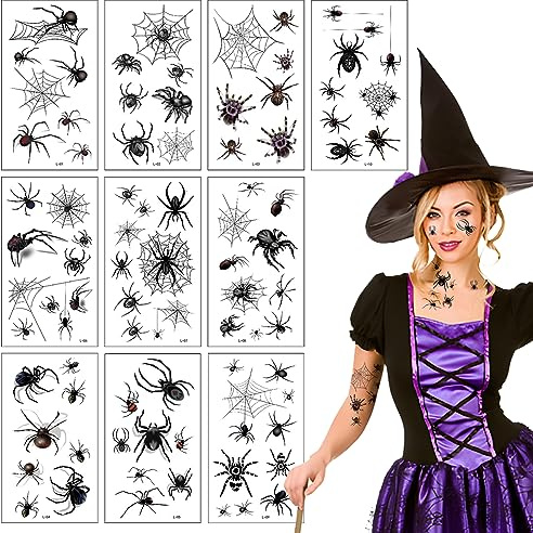 10 Blatt Halloween Tattoos,Spinnen Tattoos Gesicht Spinnentattoos 3D Realistisch Fake Tattoos Spinnen Spinnennetz Temporäre Tattoos Frauen Männer Erwachsene Kinder Halloween Kostüm Makeup Zubehör