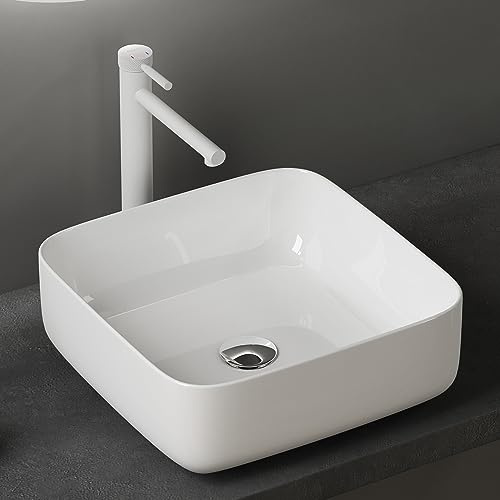 doporro Lavabo sobre Encimera de Cerámica 385x385x110 mm Lavabo de Mano Blanco Brillante para Baño y Aseo de Invitados Brüssel106
