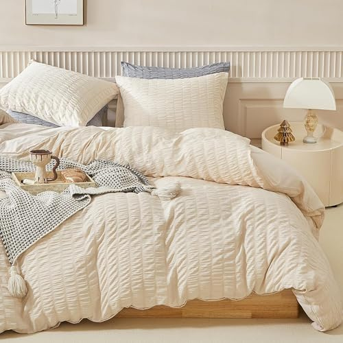 Sedefen Seersucker Bettwäsche 220x240 Beige Mädchen Geraffter Shabby Chic | Oeko-TEX zertifizierte,Aesthetic für Allergiker,Französisches Landhausstil Bettbezug 2 Kissenbezüge 80x80 mit Reißverschluss