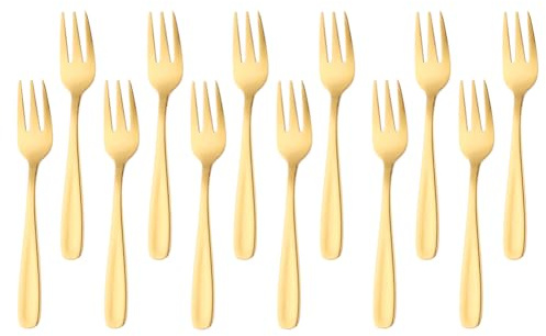 SBOMHS Lot de 12 fourchettes à dessert en acier inoxydable - Petites fourchettes à fruits - Pour mariage, gâteau, thé - Longueur : 13,6 cm - Doré