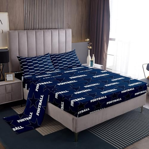 American Texas Star Cowboy Players Sheet Queen Size,Rugby Football Sports Games Bedding Set,Boys Man Room Decor,Rugby Competition Blue Fashion Bed Sheet Set 4pcs(Fitted + Flat + 2 Pillowcases)