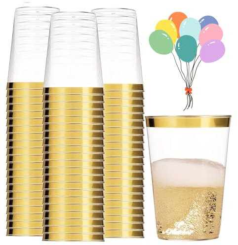 Mauepersu 50 bicchieri di plastica con argento, 280 ml, in plastica, riutilizzabili, eleganti bicchieri da vino per champagne e birra, cocktail, martini, soda dessert (oro)