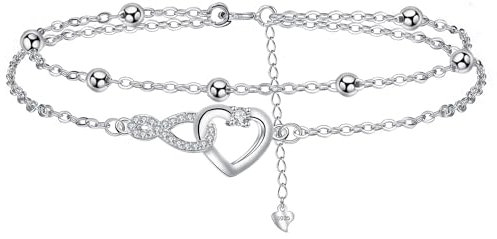 Arrebol Unendlichkeit Herz Fußkettchen Damen Silber 925 Doppelkette mit Kugelperlen Fusskettchen Sommer Barfuß Strand Fußketten Verstellbar |22cm+4|